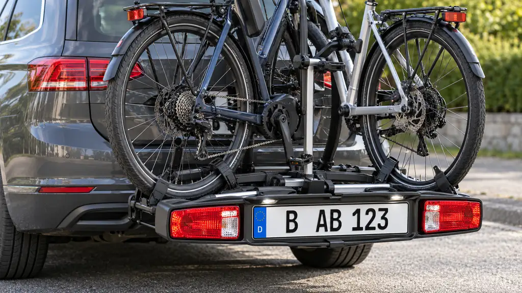 Kupplungsfahrradträger mit Fahrrädern, sichtbarem Wiederholungskennzeichen ohne Stempelplakette und eigener Lichtleiste