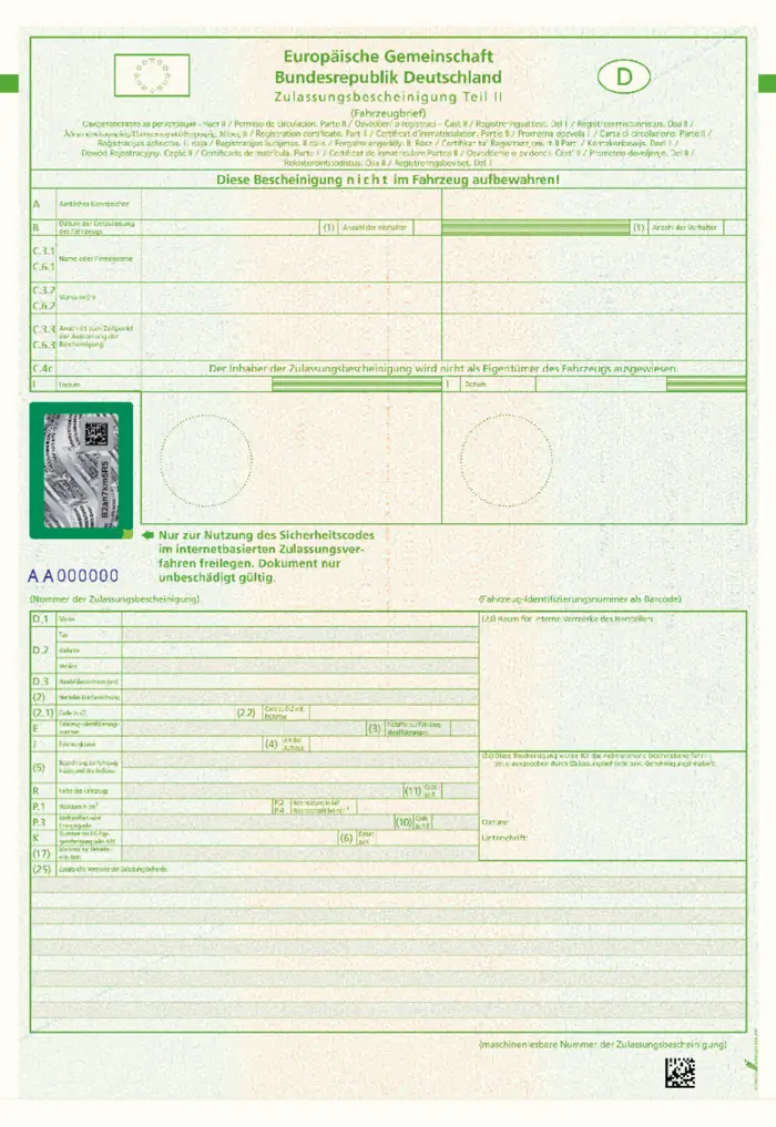 Amtliches Muster des Fahrzeugbriefs mit Sicherheitsfeld links unter der ersten Haltereintragung