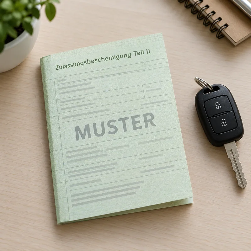 Illustration einer als Muster gekennzeichneten Zulassungsbescheinigung Teil II neben einem Autoschlüssel
