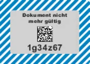 Freigelegtes Sicherheitsfeld des Fahrzeugscheins mit siebenstelligem Beispielcode und Ungültigkeitsvermerk