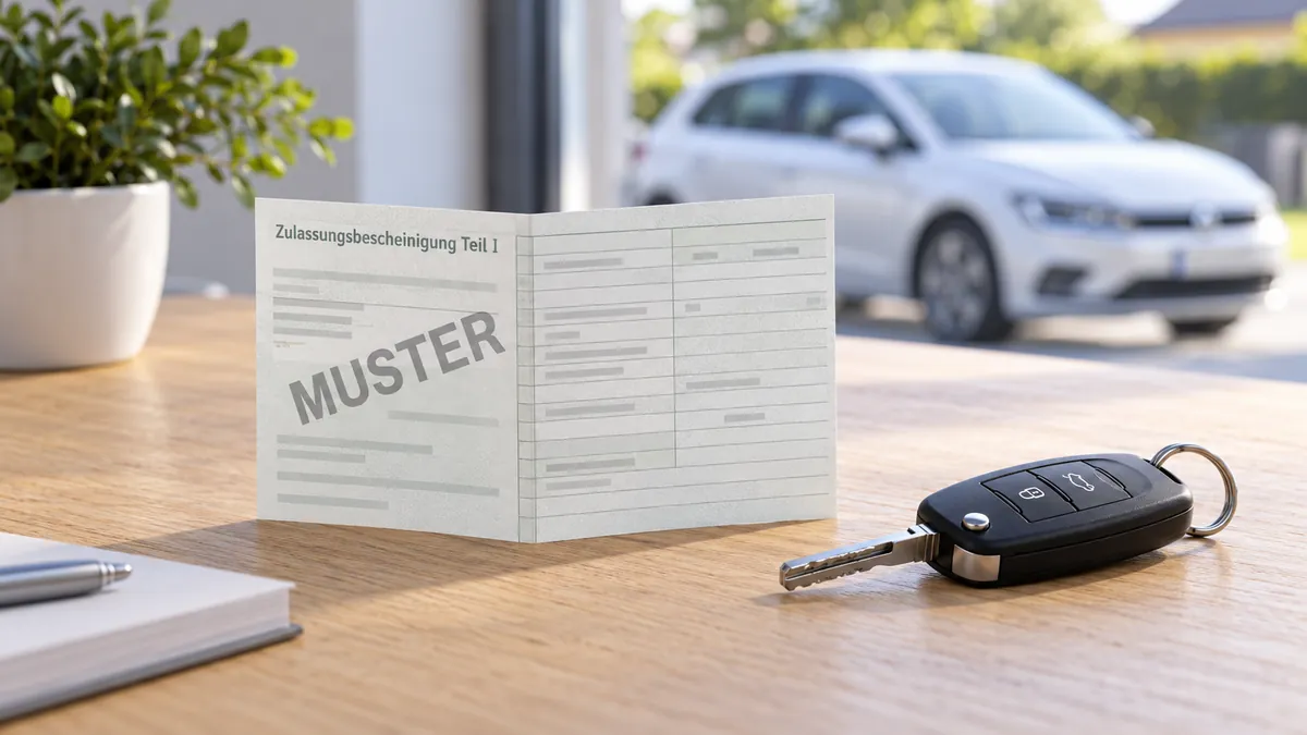 Illustration eines als Muster gekennzeichneten Fahrzeugscheins neben einem Autoschlüssel