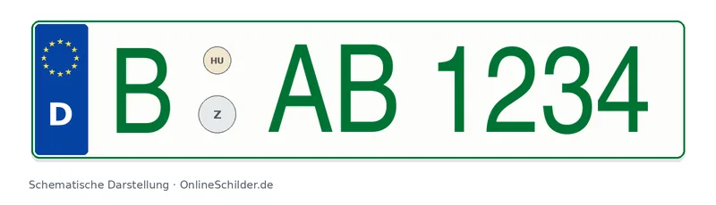 Grünes Kennzeichen mit grüner Beschriftung und grünem Rand
