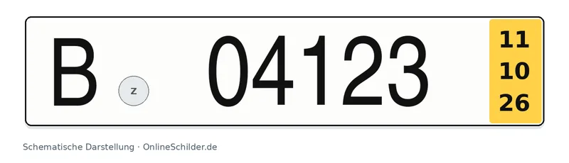 Kurzzeitkennzeichen mit gelbem Feld für das Ablaufdatum