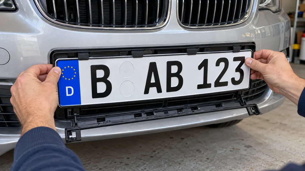 Einsetzen eines Kennzeichens in einen Halter mit geöffneter unterer Verschlussleiste