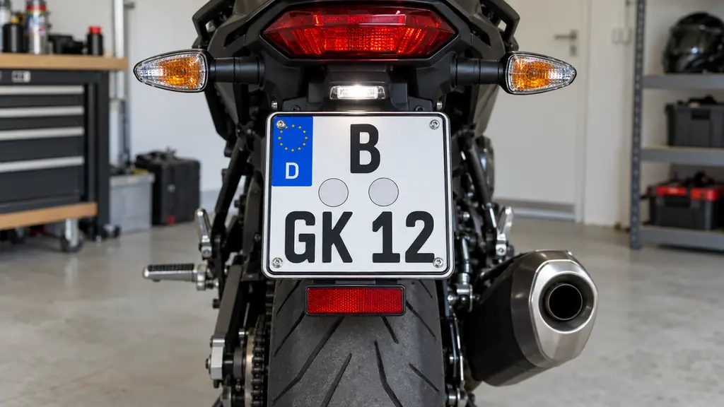 Zweizeiliges Motorradkennzeichen am Heck mit Kennzeichenleuchte darüber und rotem Rückstrahler darunter
