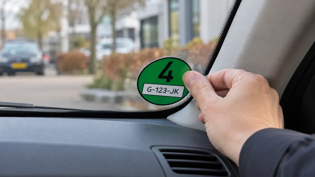 Anbringen einer grünen Umweltplakette mit dem niederländischen Beispielkennzeichen G-123-JK innen an der Windschutzscheibe