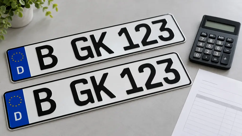 Zwei noch ungestempelte Wunschkennzeichenschilder mit der Kombination B GK 123 neben einem Taschenrechner